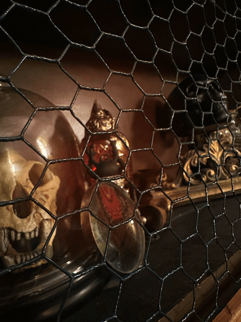 Decorative items behind wire mesh