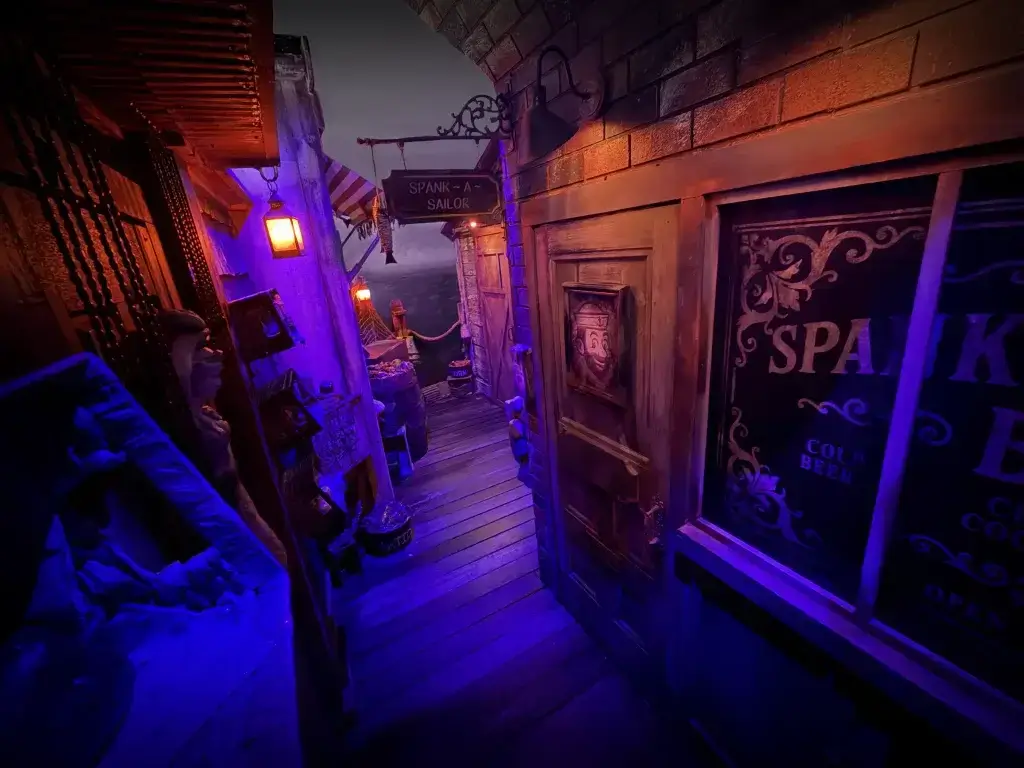 Mysterious harbor with eerie lighting.